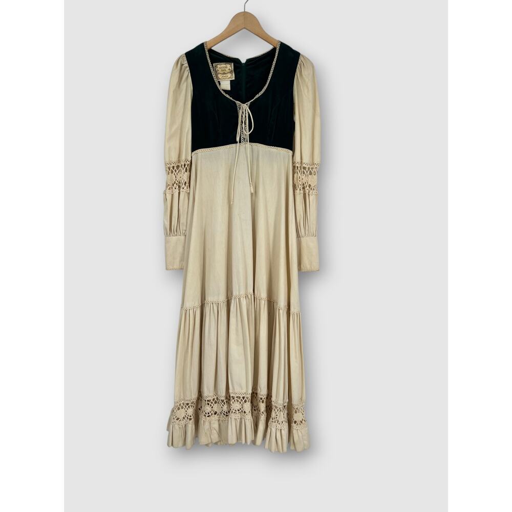 70s Vintage Gunne Sax Prairie Maxi Dress Forest Green Velvet Bodice Cream Cotton - Picture 2 of 7